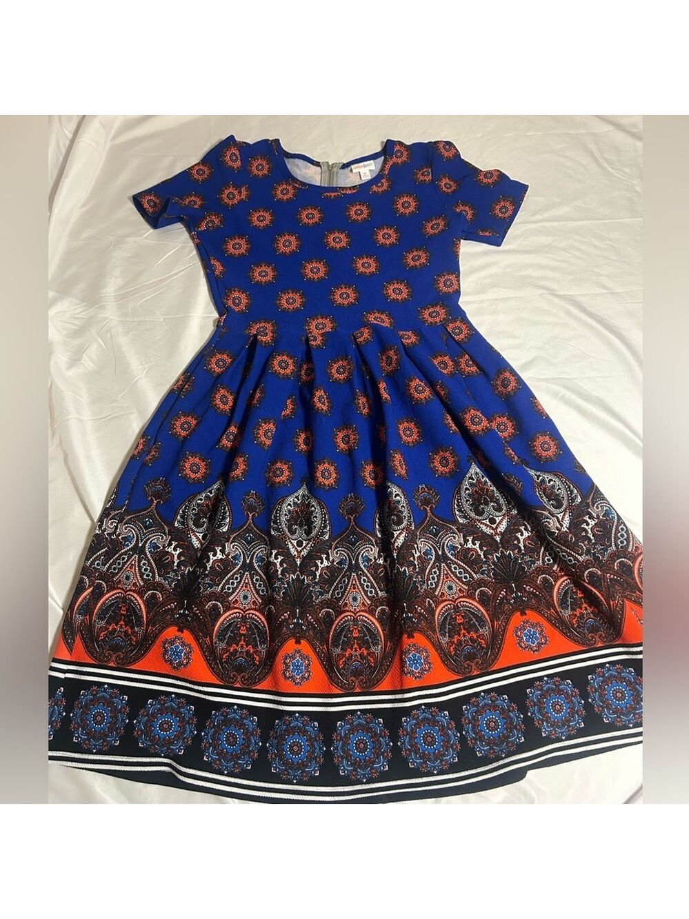 LulaRoe Blue Orange Medallion Border Hem Amelia Fit Flare Dress Sz M Pockets
